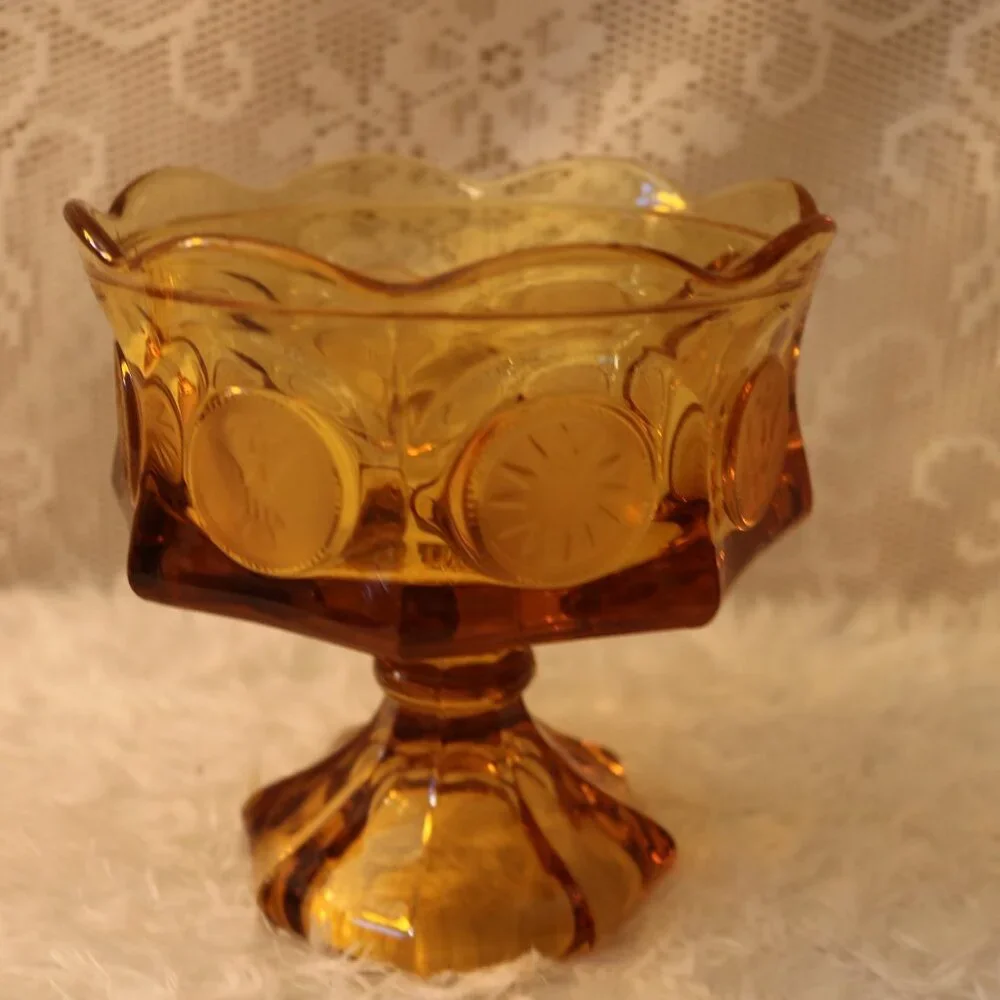 This Fostoria Amber candy dish coin glass vtg 70s beautiful liberty coins